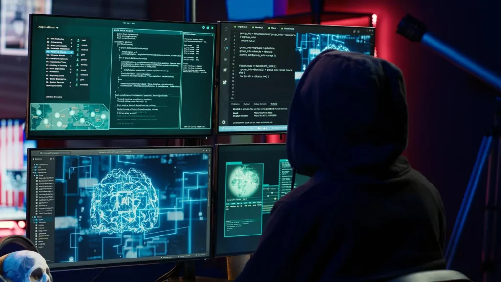 IT or business professionals implementing cyber security measures, representing protection through cyber insurance against cyberattacks and data breaches.